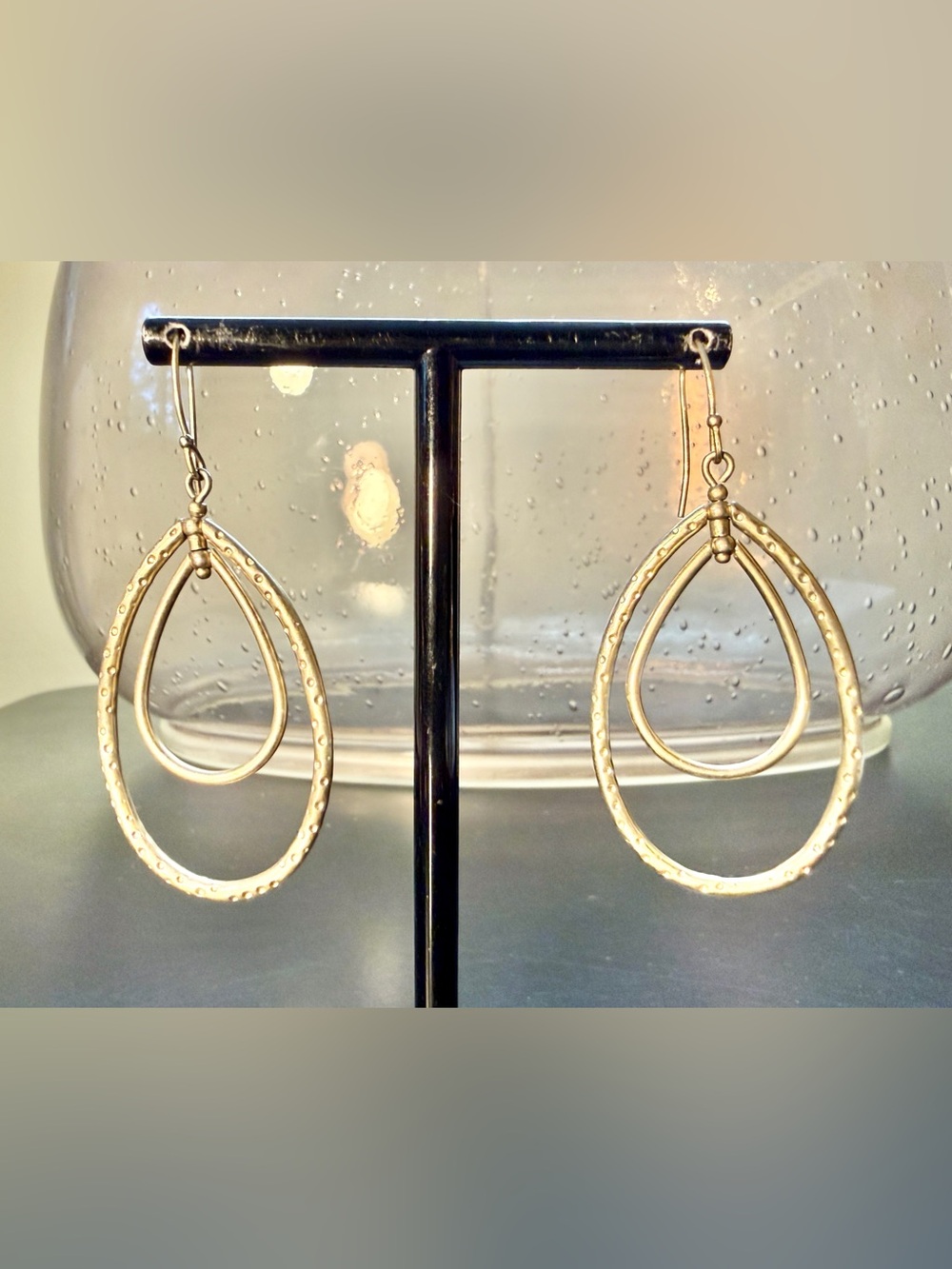 Lightweight Textured Gold Tone Double Teardrop Dangle Earrings